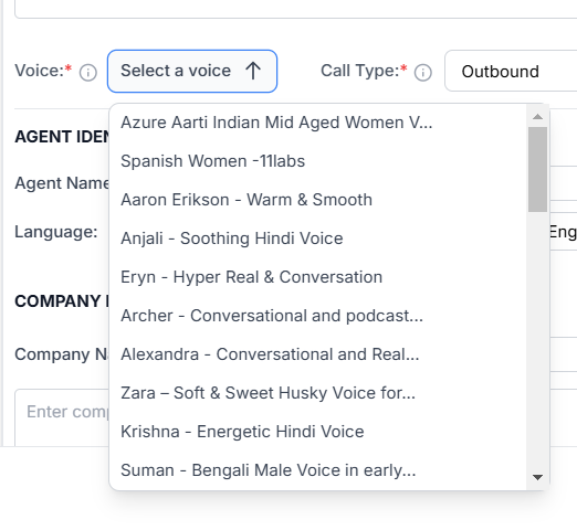Agent voice dropdown