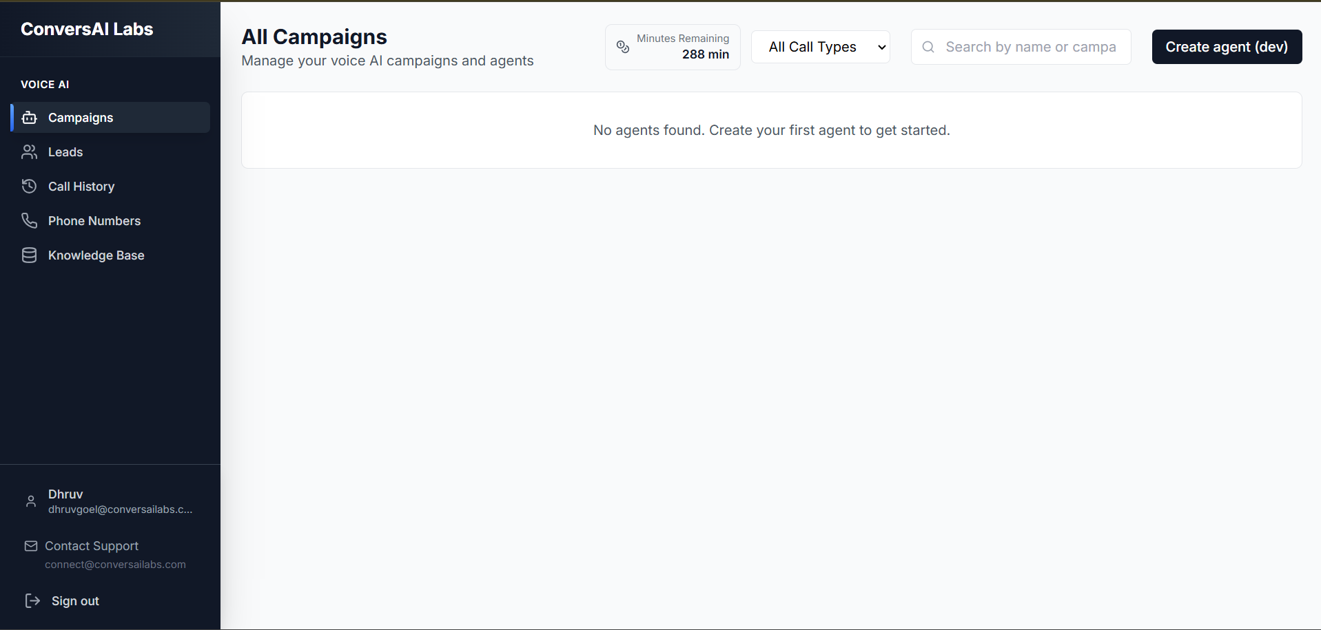 Dashboard create agent button