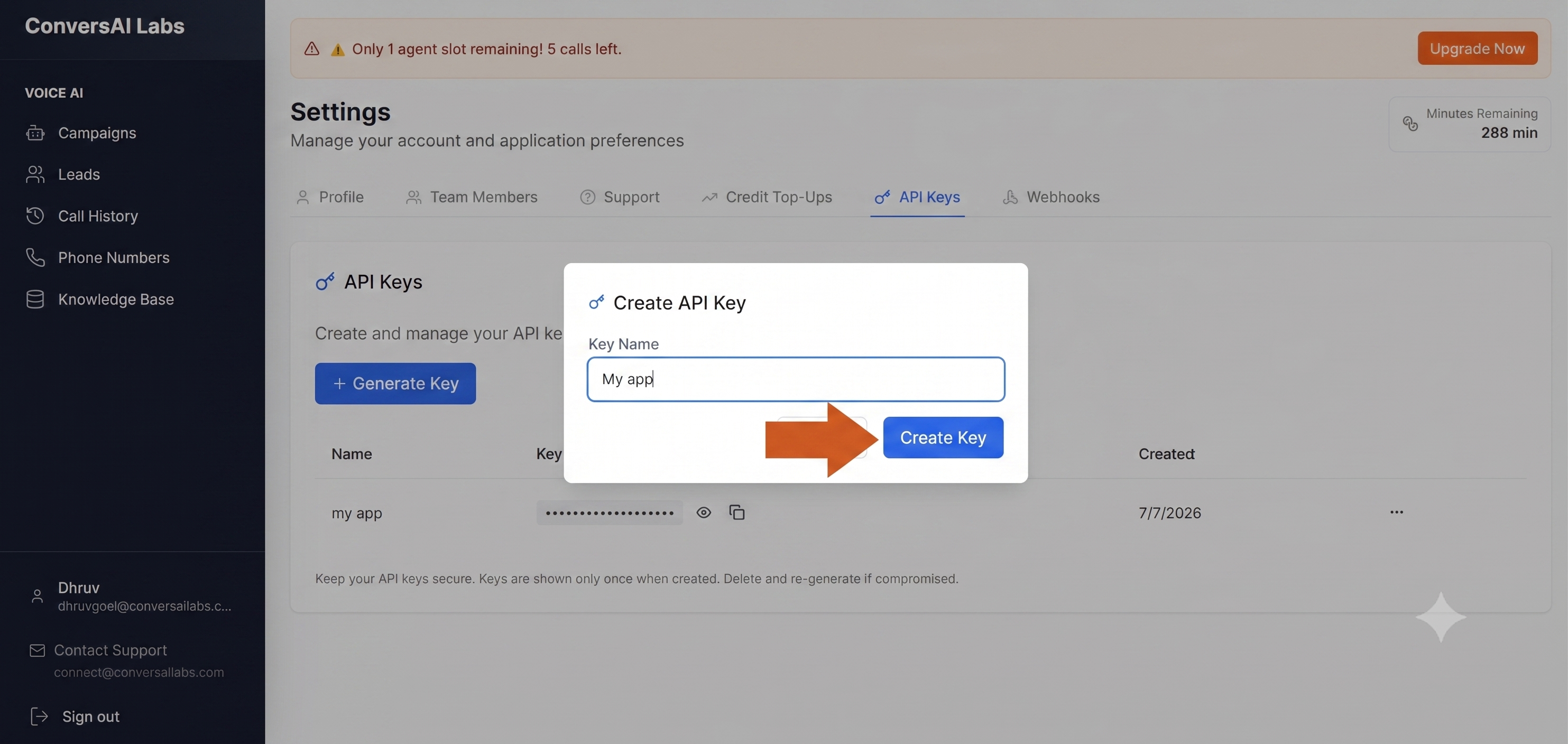 Create Key button