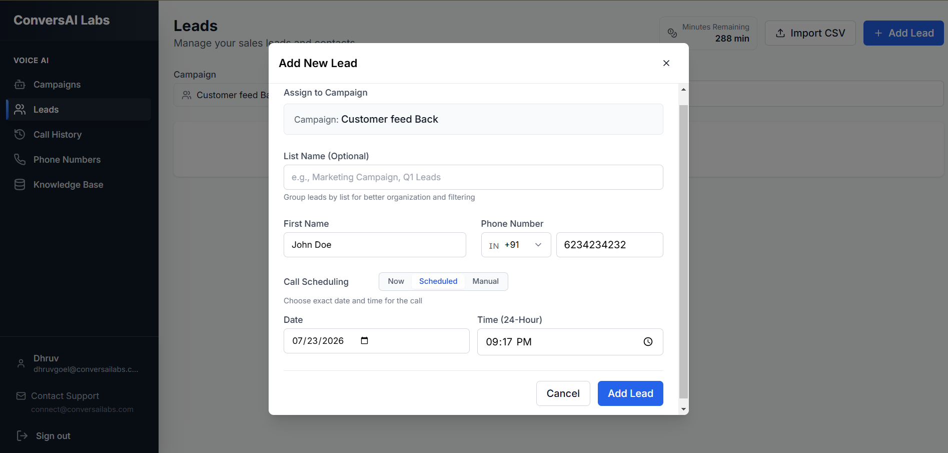 Filled Add Lead Form